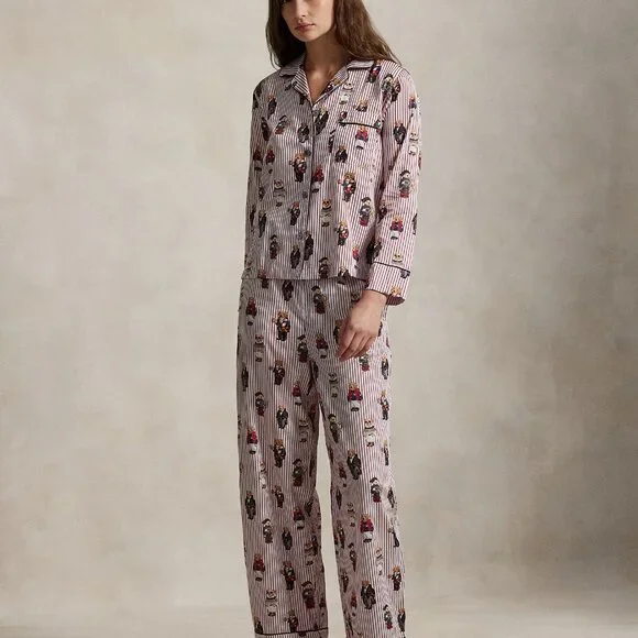 $198 Women's Ralph Lauren Polo Bear Cotton Sateen Red Pajamas 2-pc Gift Bag Set